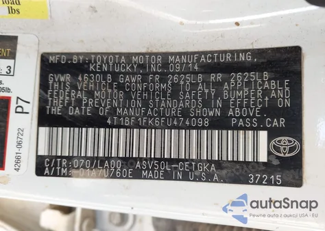 2015 Toyota Camry Xle z USA, uszkodzony, nr VIN 4T1BF1FK6FU474098